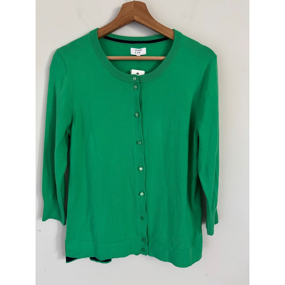 Crown & Ivy Green Essential Signature Cardigan 3/4 Sleeve Button Front Large NWT